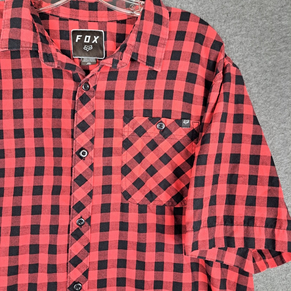 Fox Racing Button Up Shirt Mens XL Red Black Buffalo Plaid Short Sleeve Pocket